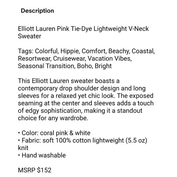 Elliott Lauren Pink Tie-Dye Lightweight V-Neck Sweater Size M Boho Beach - Picture 8 of 9